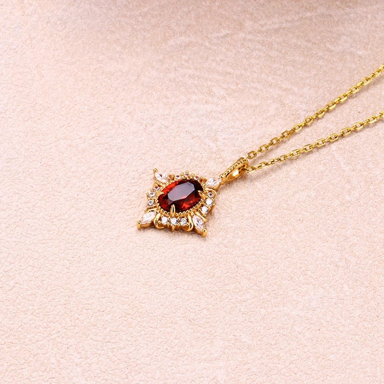 Emotional 925 Sterling Silver 14K Gold Plated Custom Gemstone Cz Zircon Cross Star Flower Red Garnet Necklace With Natural Stone