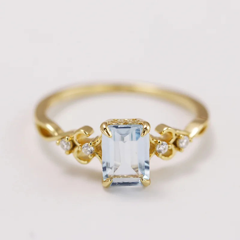 Emotional Factory 925 Sterling Silver 14K Gold Plated Gemstone Ins Geometric Square Sky Blue Zirconia Ring