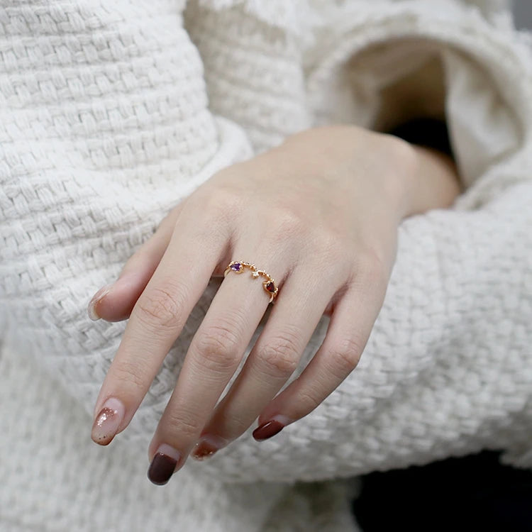 Emotional Factory 925 Sterling Silver 14K Gold Plated Gemstone Colorful Gems Amethyst Red Garnet Ring