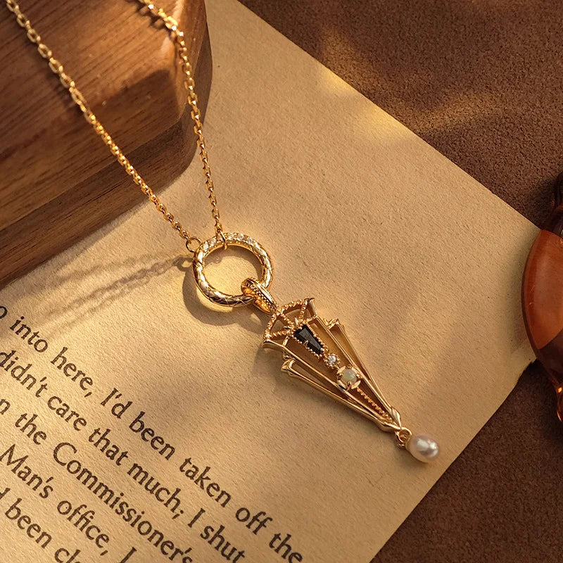 Emotional Factory 925 Sterling Silver 14K Gold Plated Gemstone Geometric Arrow Pear Opal Necklace