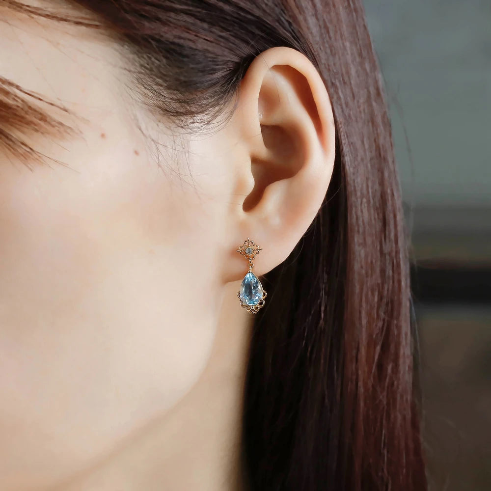 925 Sterling Silver 14K Gold Plated Gemstone French Vintage Court Style Drop Sky Blue Topaz Earrings