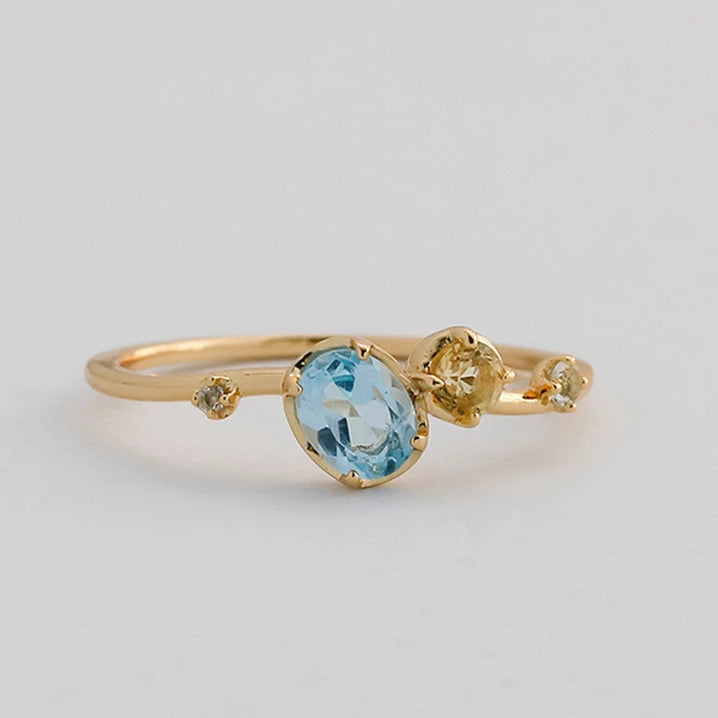 Emotional Factory 925 Sterling Silver 14K Gold Plated Gem Stone Gemstone Irregular Citrine Sky Blue Topaz Ring