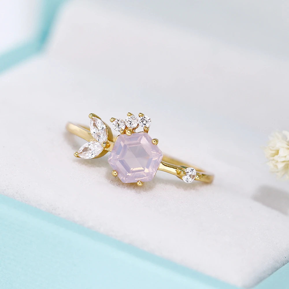 Emotional Factory 925 Sterling Silver 14K Gold Plated Gemstone Series Zircon Spar Lavender Crystal Fish Chasing Bubble Ring