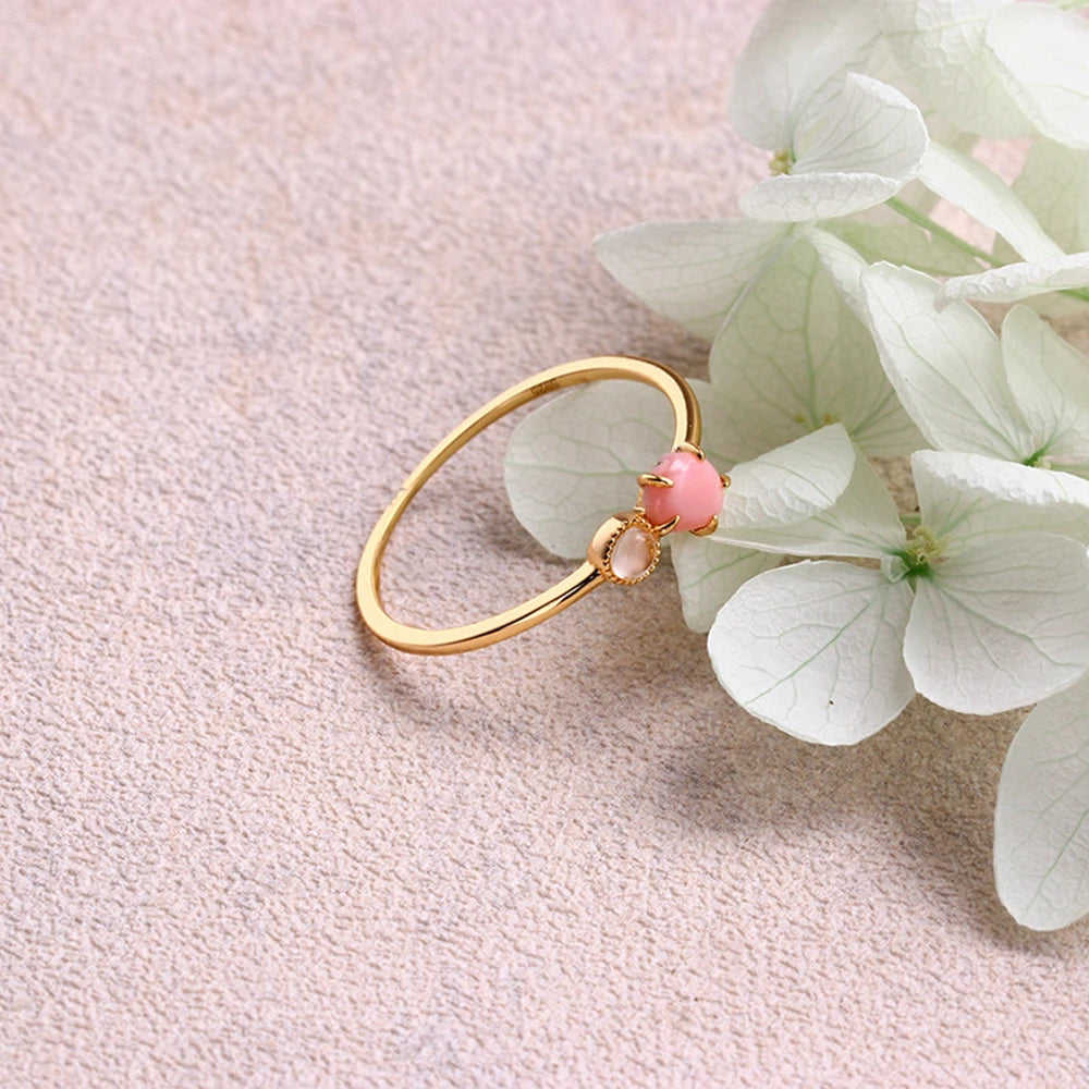 Emotional Factory 925 Sterling Silver 14K Gold Plated Gem Stone Gemstone Small Shaped Queen Shell Crystal Ring