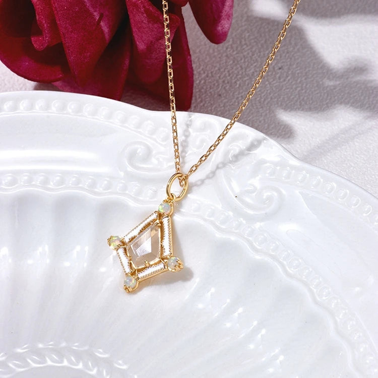 Emotional Factory 925 Sterling Silver 14K Gold Plated Gemstone Rock Crystal Opal Diamond Shaped Pendant