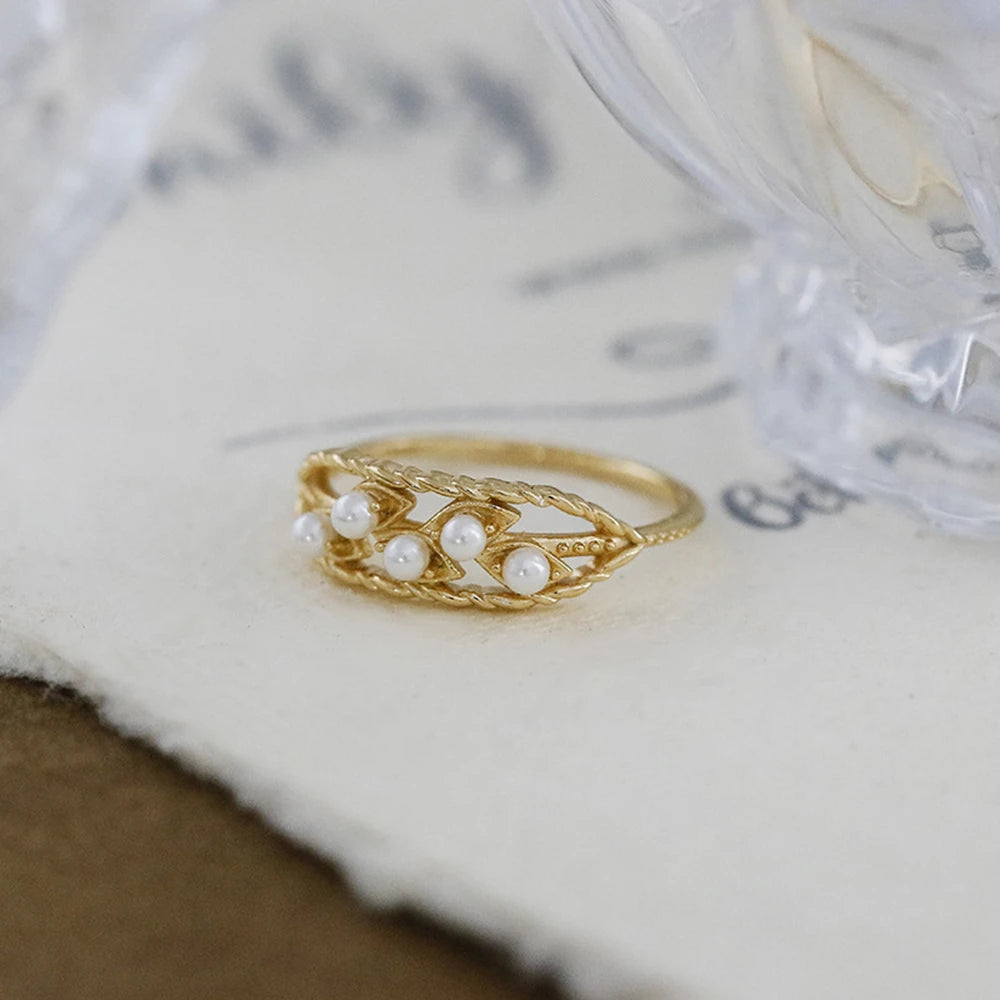 Emotional Factory 925 Sterling Silver 14K Gold Plated Gemstone Skeleton Leaf Hollow Pearl Ring