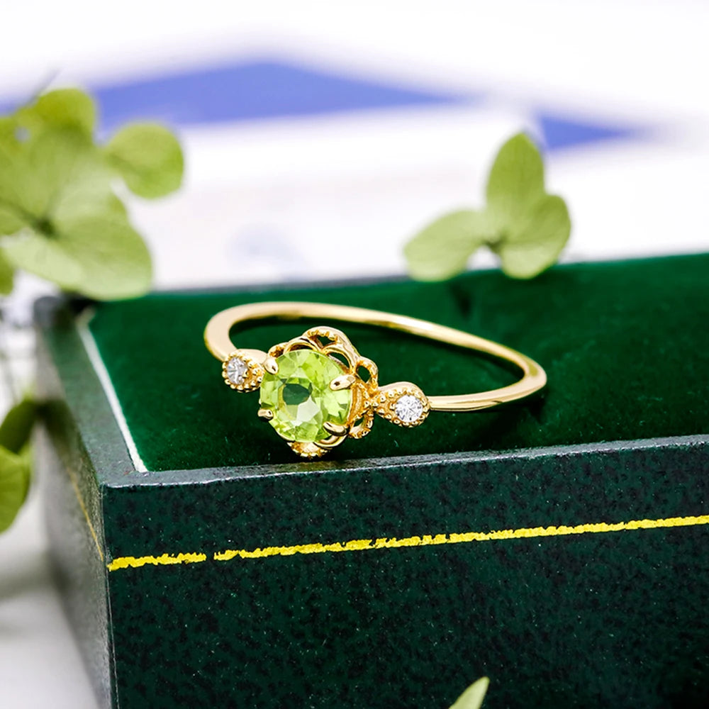 Emotional Factory 925 Sterling Silver 14K Gold Plated Gemstone Retro Cz Zircon Flower Sun Peridot Ring