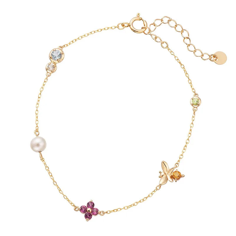 Emotional 925 Sterling Silver 14K Gold Plated Gemstone Pearl Butterfly Small Fresh Four-Leaf Clover Red Corundum Bracelet