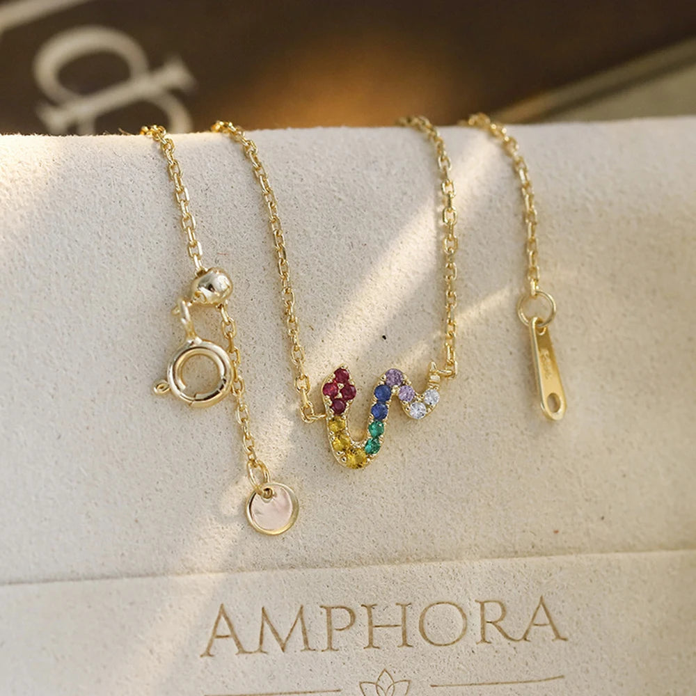 Emotional Pulseras De Plata Factory 925 Sterling Silver 14K Gold Plated Gemstone Rainbow Stone Small Cute Snake Zircon  Bracelet