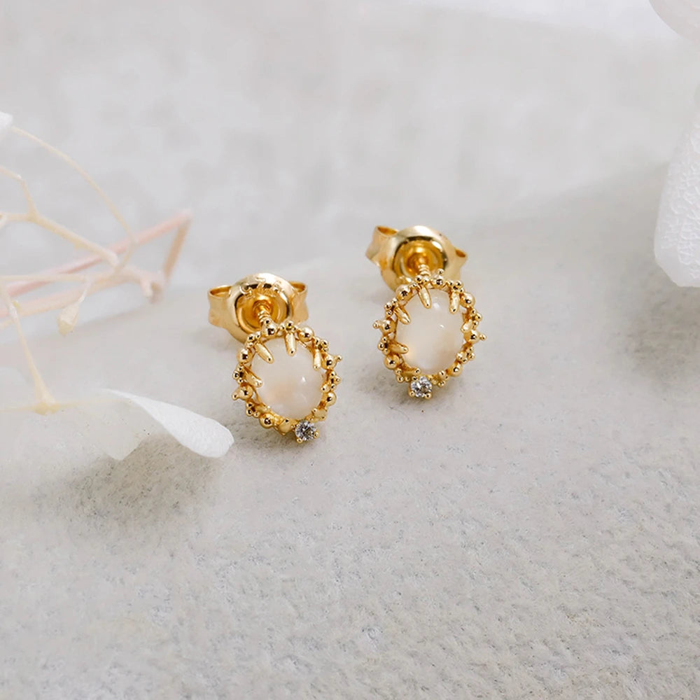 925 Sterling Silver 14K Gold Plated Gemstone Drop Zircon White Moonstone Earrings