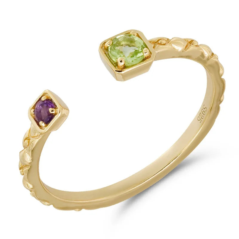 Emotional Factory 925 Sterling Silver 14K Gold Plated Gemstone Amethyst Peridot Adjustable Ring