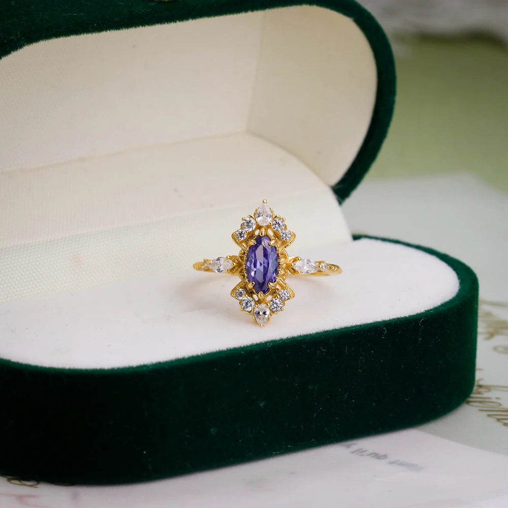 Emotional Factory 925 Sterling Silver 14K Gold Plated Gemstone Retro  Cz Flower Blue Tanzanite Zircon Ring