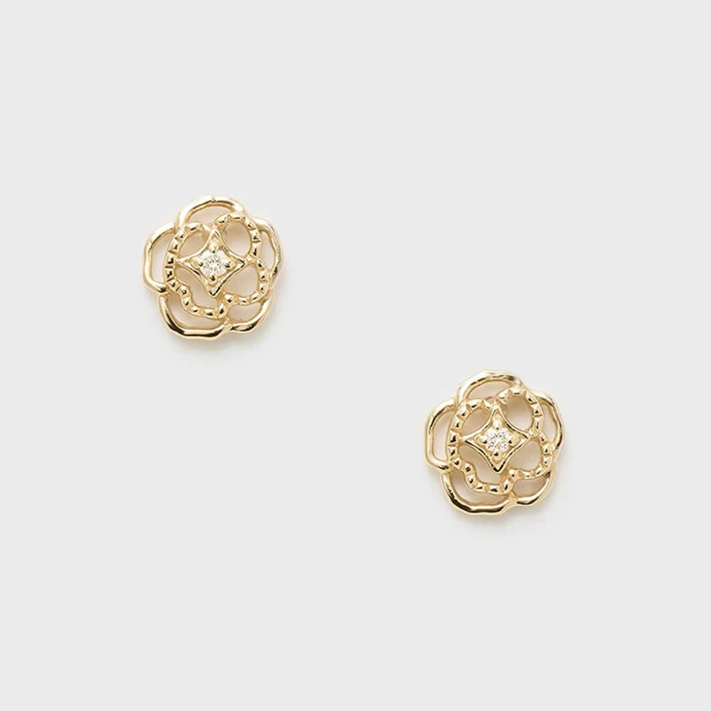 Emotional Factory 925 Sterling Silver 14K Gold Plated Gem Stone Gemstone Retro Hollow Camellia Flower Moissanite Earrings