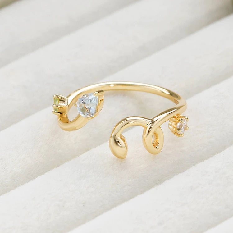 Emotional Factory 925 Sterling Silver 14K Gold Plated Gemstone Minimalist Lines Adjustable Opening Aquamaro Ring