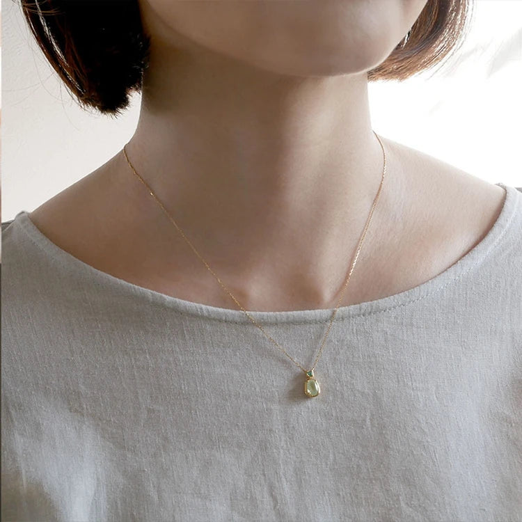 925 Sterling Silver 14K Gold Plated Gemstone Oval Green Nanostone Natural Grape Prehnite Stone Necklace