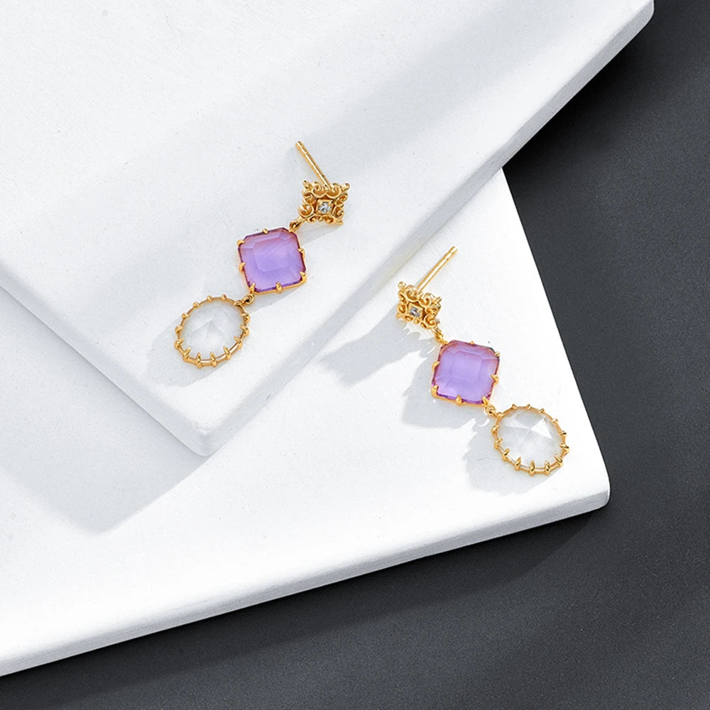 Factory Jewelry 925 Sterling Silver 14K Gold Plated Gemstone Series Crystal Brazilian Amethyst White Topaz Long Earrings
