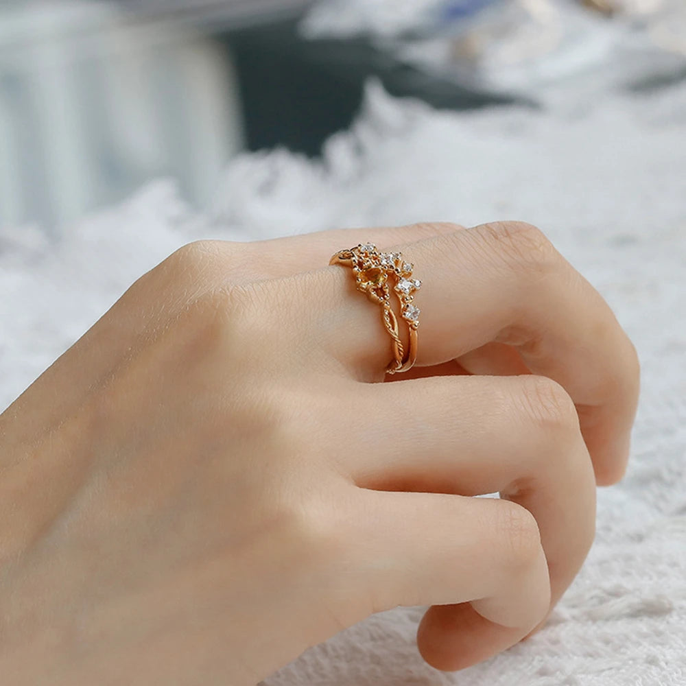 Emotional Factory 925 Sterling Silver 14K Gold Plated Gem Stone Gemstone Geometrical Crown Design Citrine Gem Stone Ring Set