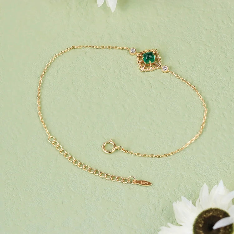 Emotional  Joyeria Factory 925 Sterling Silver 14K Gold Plated Gemstones Zircon Claw Setting Synthetic Emerald Bracelet