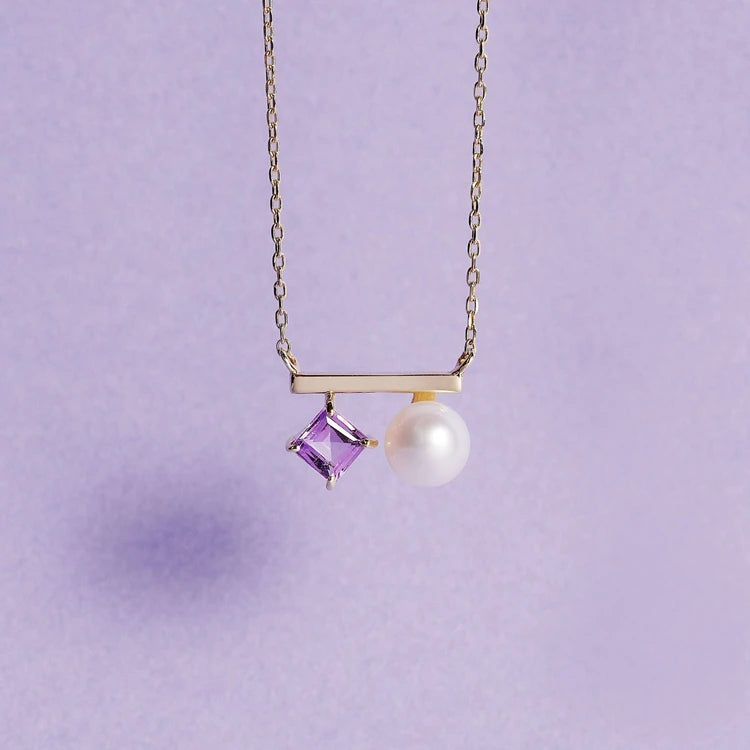 Emotional Factory 925 Sterling Silver 14K Gold Plated Gemstone Pearl Amethyst Bar Necklace