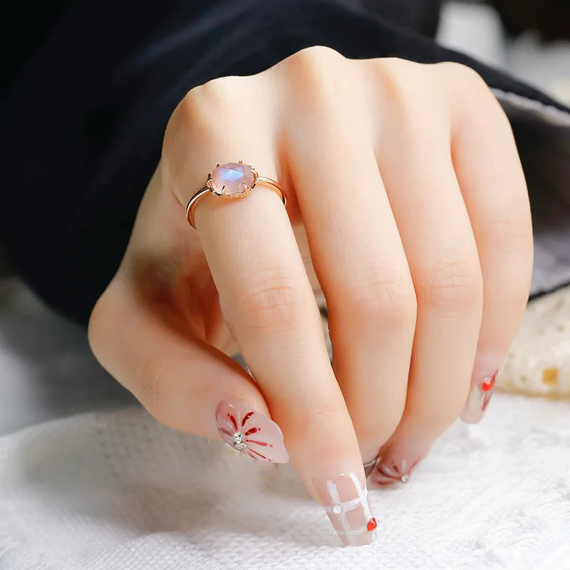 Emotional 925 Sterling Silver 14K Gold Plated Gem Stone Gemstone Ceramic Pattern Natural Labradorite Strawberry Crystal  Ring