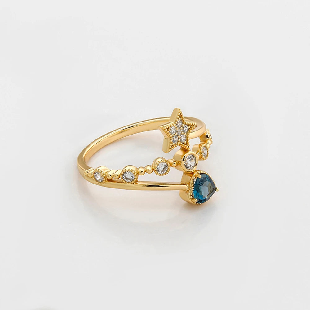 Emotional Factory 925 Sterling Silver 14K Gold Plated Gem Stone Gemstone Star Heart Cz Zircon London Blue Topaz Ring