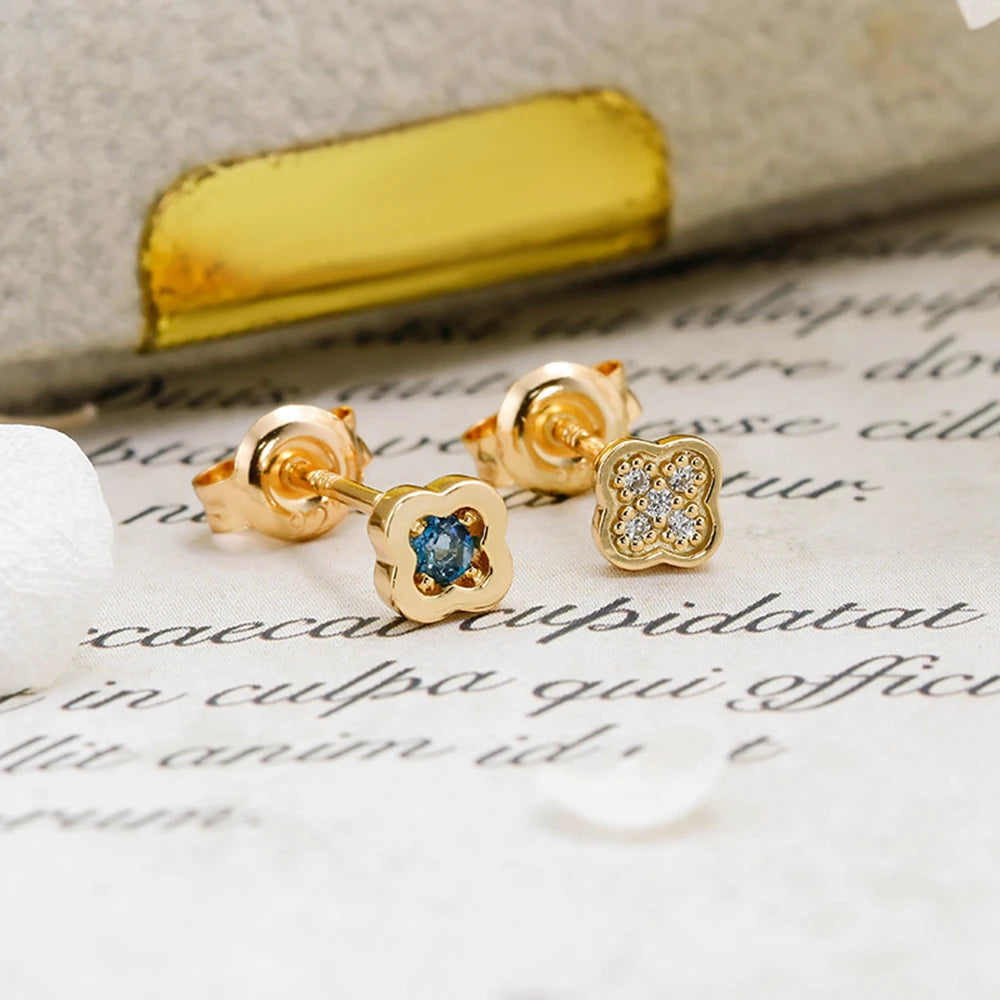 925 Sterling Silver 14K Gold Plated Gemstone Zircon Vintage Flower Design London Blue Topaz Earrings