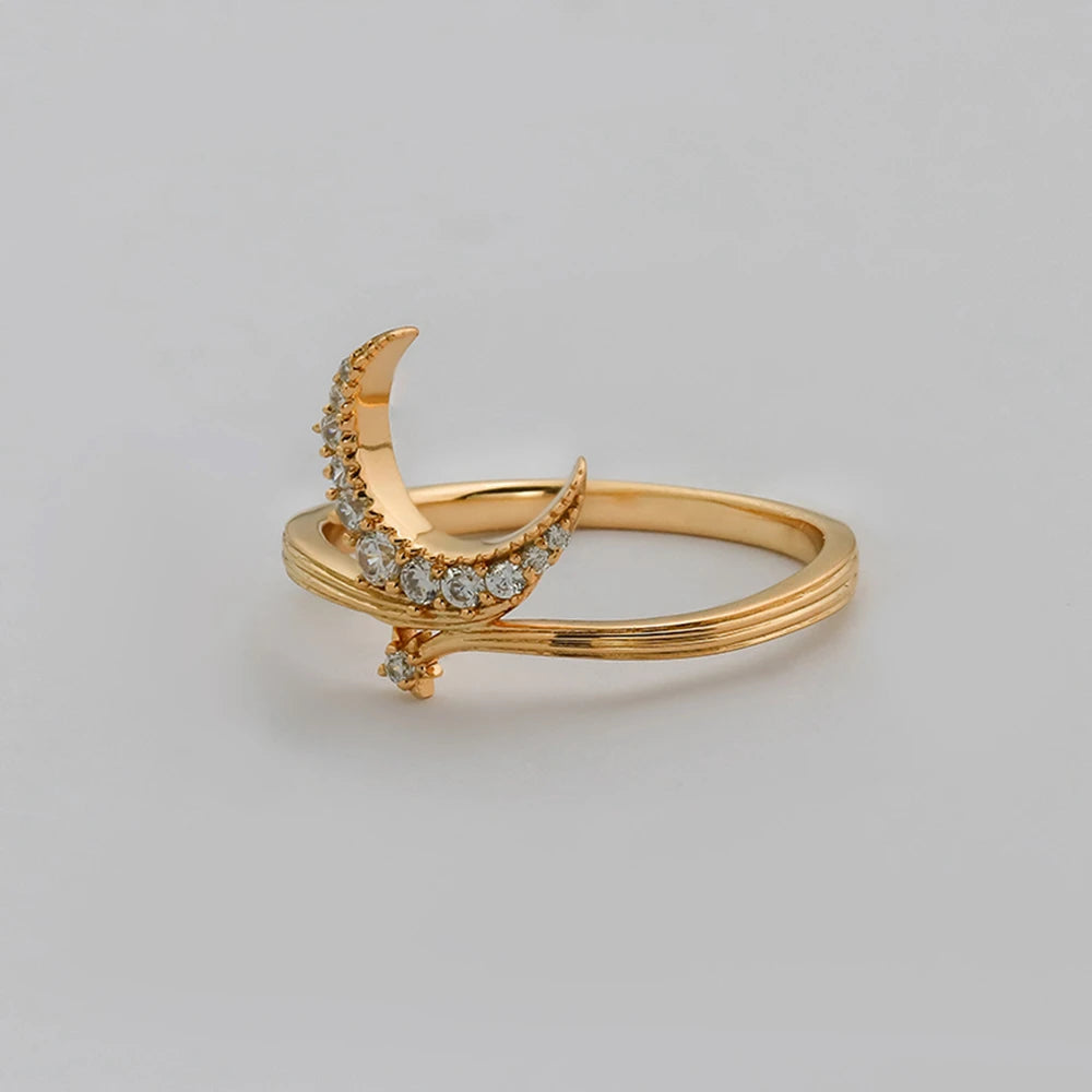 925 Sterling Silver 14K Gold Plated Gemstone Cz Zircon Meteors Star Moon Ring