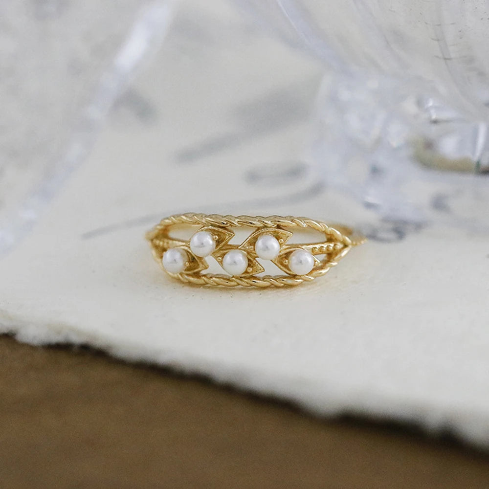 Emotional Factory 925 Sterling Silver 14K Gold Plated Gemstone Skeleton Leaf Hollow Pearl Ring