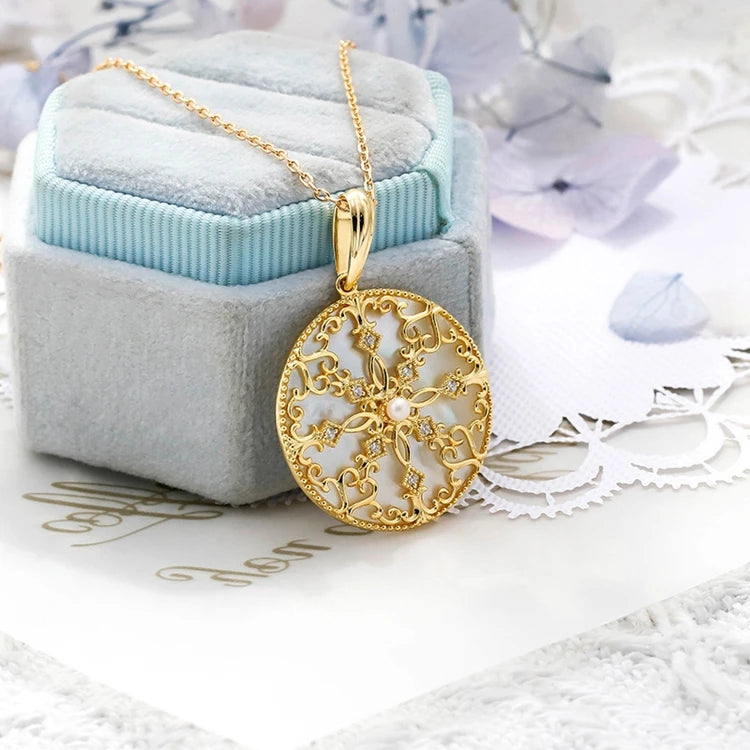 925 Sterling Silver 14K Gold Plated Gemstone Hollow Geometric Circle Natural Freshwater Pearl White Shell Pendant Necklace