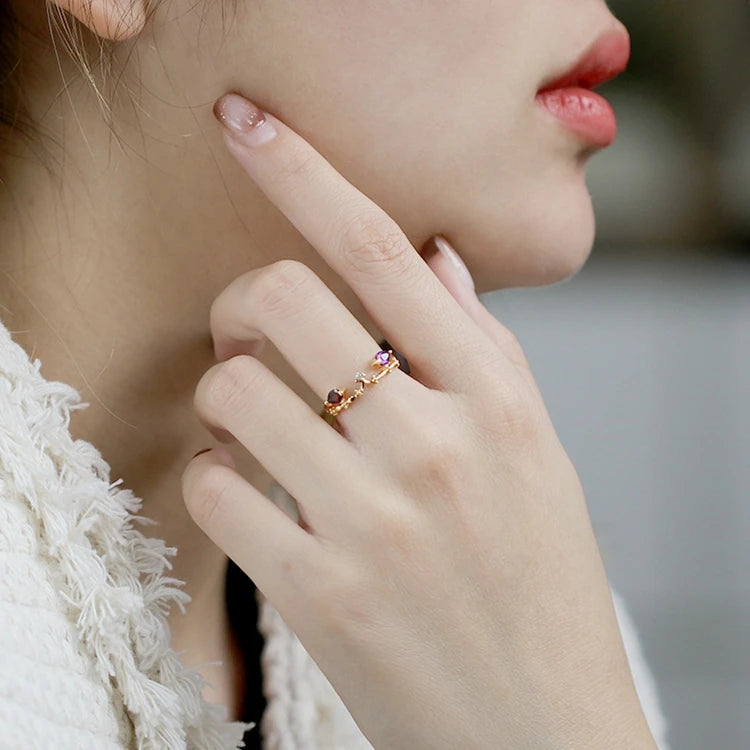 Emotional Factory 925 Sterling Silver 14K Gold Plated Gemstone Colorful Gems Amethyst Red Garnet Ring