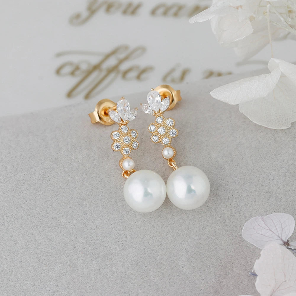 Emotional Factory 925 Sterling Silver 14K Gold Plated Gem Stone Gemstone Cz Zircon Flower Pearl Earrings