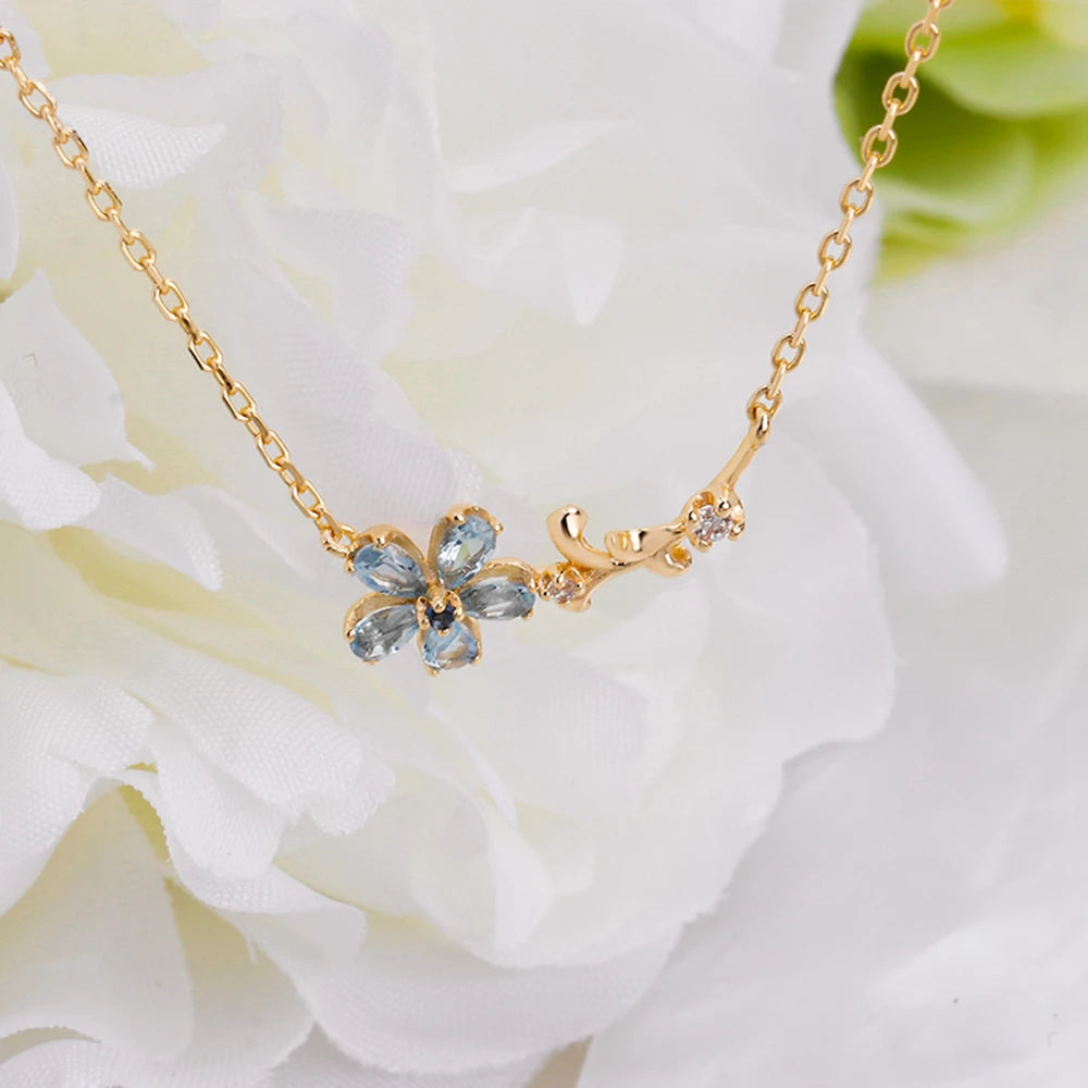 Emotional Factory 925 Sterling Silver 14K Gold Plated Gemstone Series Blue Topaz Flowers Clavicle Chain Necklace