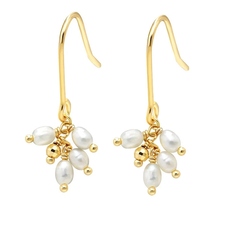 Emotional Factory 925 Sterling Silver 14K Gold Plated Gemstone 4 Pearls Water Drop Freshwater Pearl Earrings