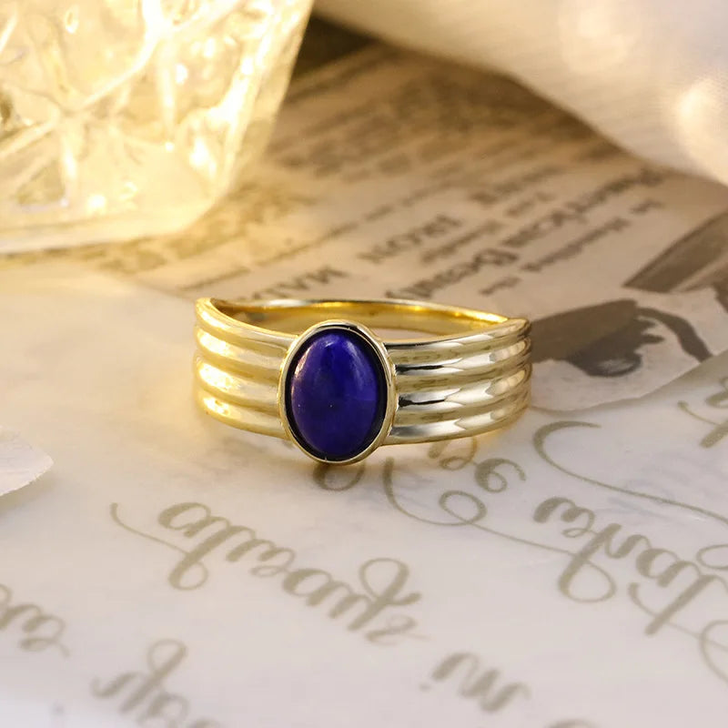 Emotional Factory 925 Sterling Silver 14K Gold Plated Gemstone Literary Retro Thickness Rings Lapis Lazuli Ring