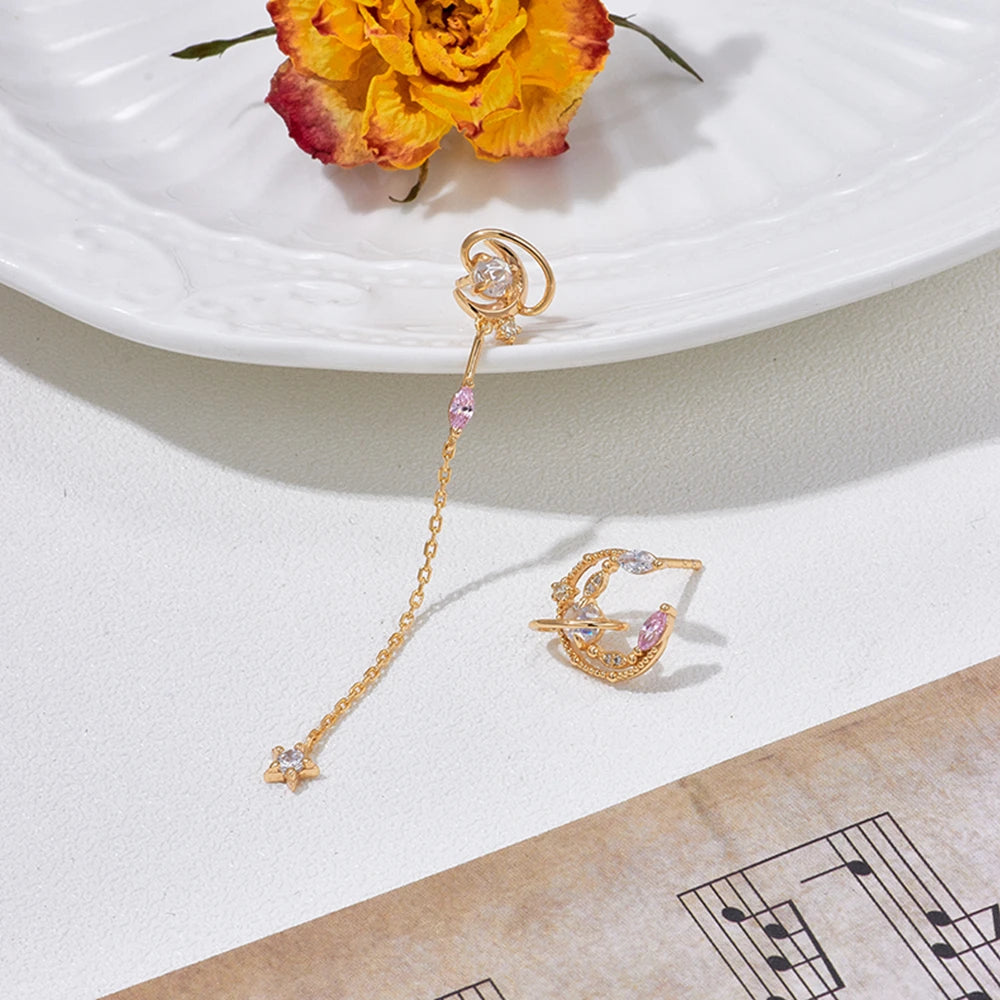 Emotional Factory Jewelry New 925 Sterling Silver 14K Gold Plated Pink Zircon Light Yellow Long Moon Star Earrings