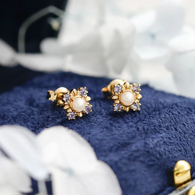 Emotional Factory 925 Sterling Silver 14K Gold Plated Gemstones Flower Rainbow Pearl Tanzanite Stone Earrings