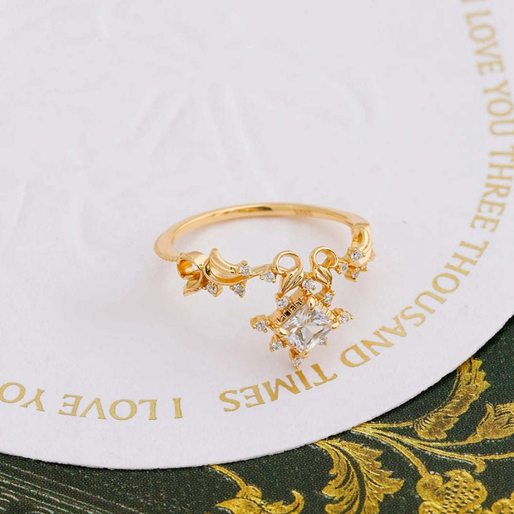 Emotional Factory 925 Sterling Silver 14K Gold Plated Vines Geometric Cube Stat Cz Zircon Ring