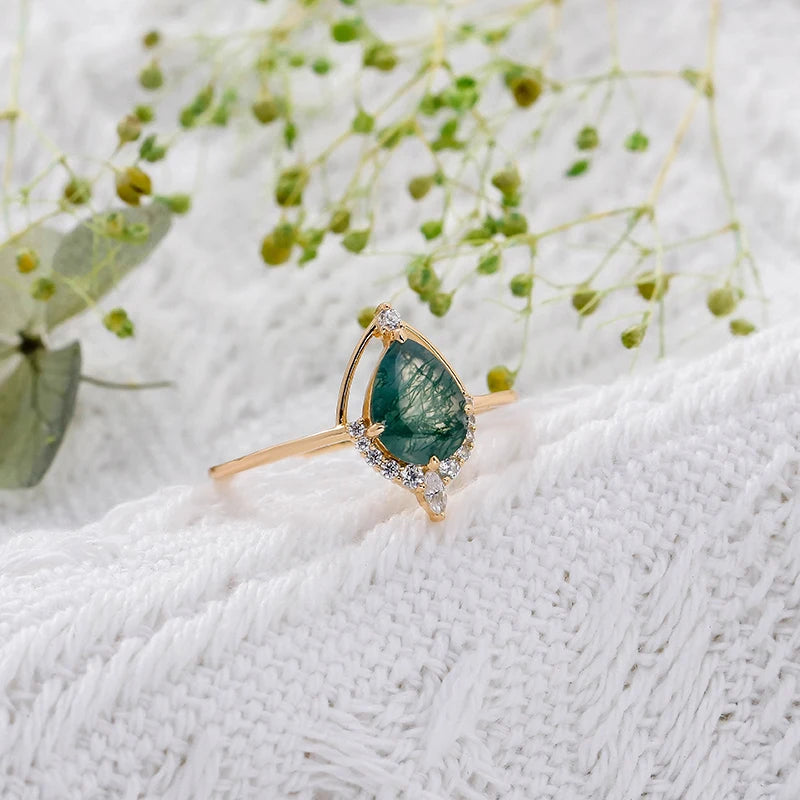 Luxury Fashion Jewelry Women's Gift Boutique Green Moss Agate 925 Sterling Silver Ring Electroplated 14K Gemstone Ring