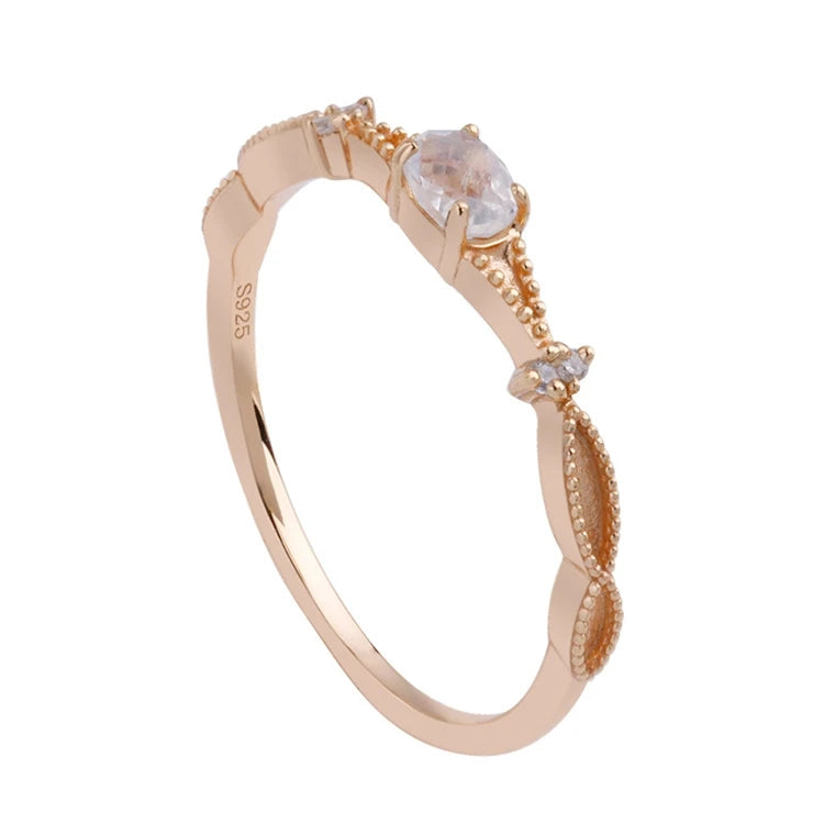 925 Sterling Silver 14K Gold Plated Gemstone Zircon Natural Moonstone Slim Ring