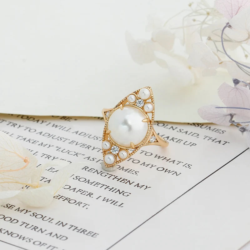 S925 Sterling Silver 14K Gold Plated Ring with Elegant Pearl Luxurious Fashion Jewelry