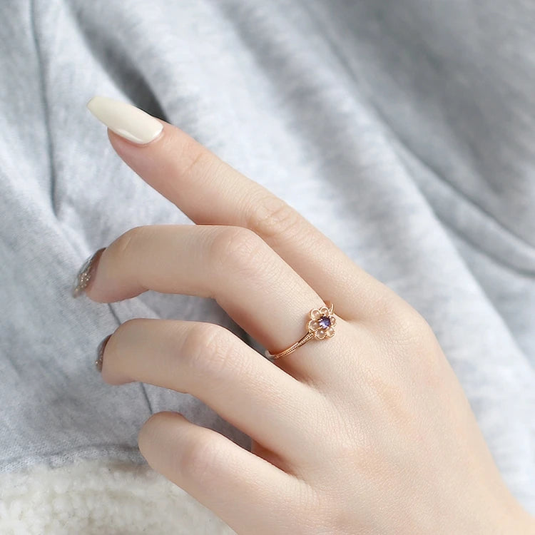 925 Sterling Silver 14K Gold Plated Gemstone Moonstone Flower Cordierite Natural Orange Moonlight Iolite Ring