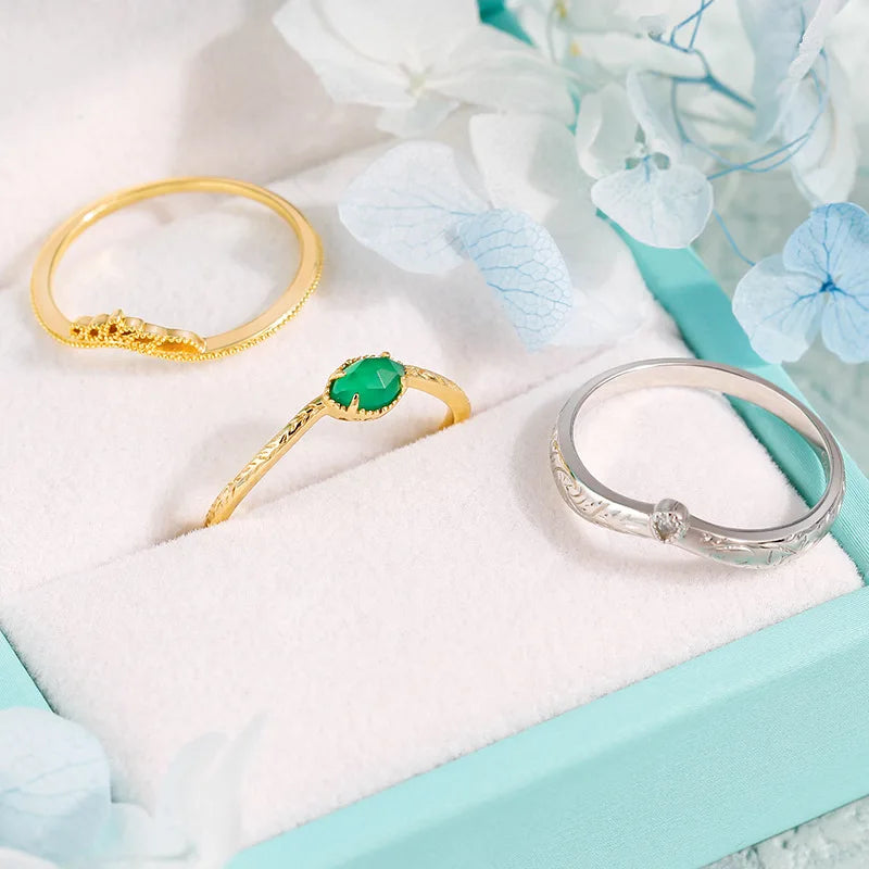 Emotional Factory 925 Sterling Silver 14K Gold Plated Gemstones Christmas Vintage Leaf Carving Natural Green Chalcedony Ring