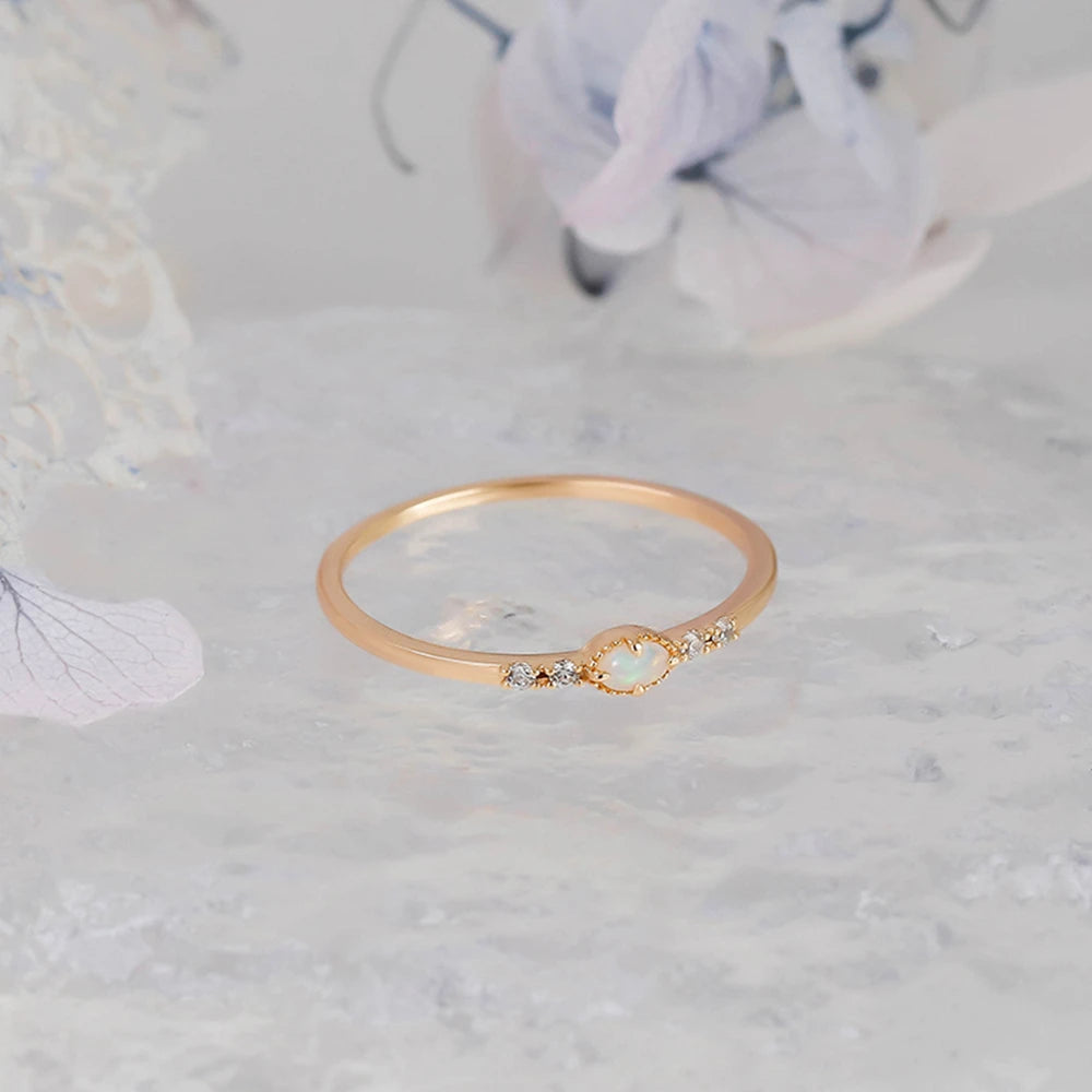 925 Sterling Silver 14K Gold Plated Gemstone Zircon Natural Oval Egg Australian Opal Ring