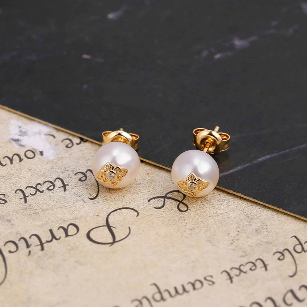 Emotional Factory 925 Sterling Silver 14K Gold Plated Gem Stone Gemstone Retro Cz Zircon Round Stone Pearl Stud Earrings