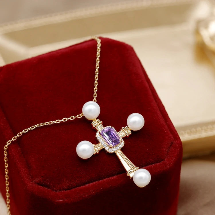 Emotional Factory 925 Sterling Silver 14K Gold Plated Gemstone Amethyst Natural Freshwater Pearls Cross Necklace