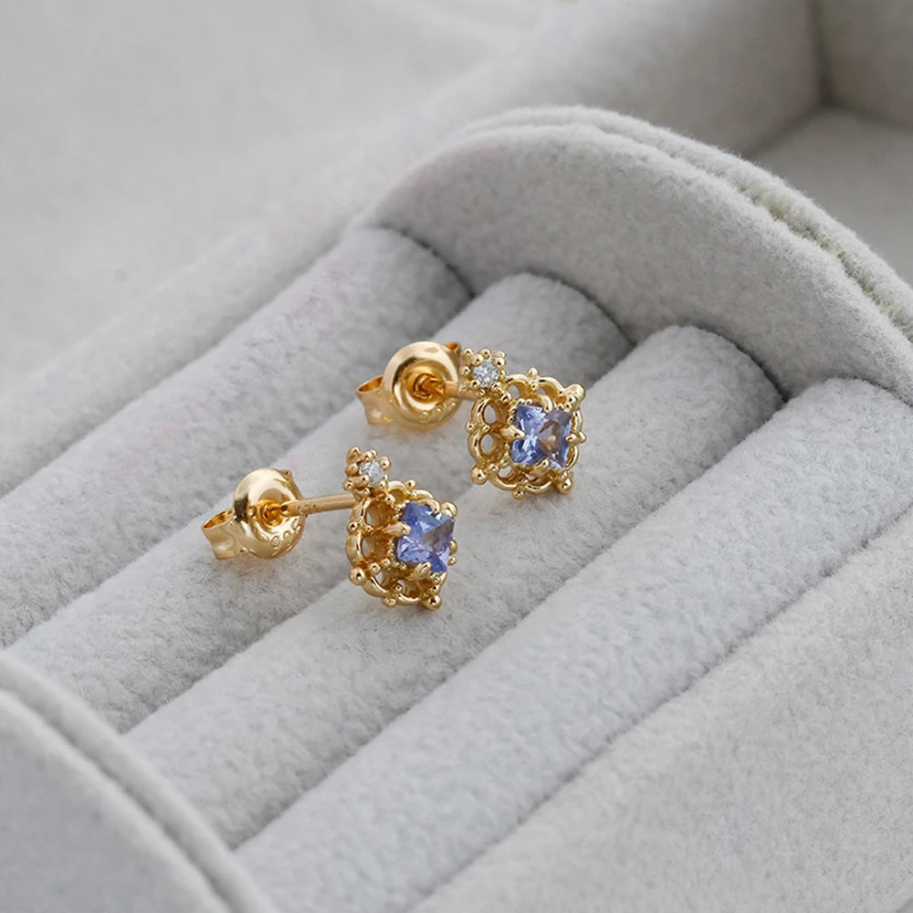 925 Sterling Silver 14K Gold Plated Gemstone Retro Hollow Flower Earring Geometric Square Stone Tanzanite Earrings