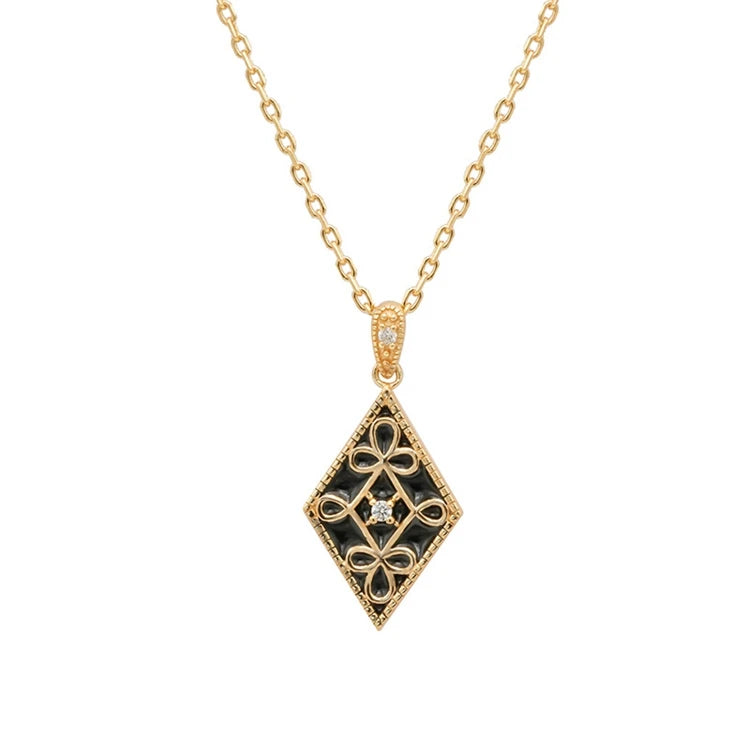 Geometric Diamond Openwork Window Flower Enamel Chain Necklace