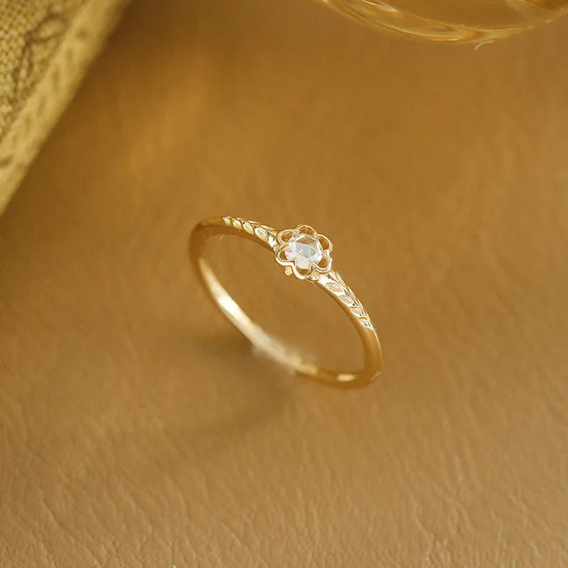 Emotional Factory 925 Sterling Silver 14K Gold Plated Gemstone Rose Inlaid Moissanite Exquisite Sweet Thin Ring