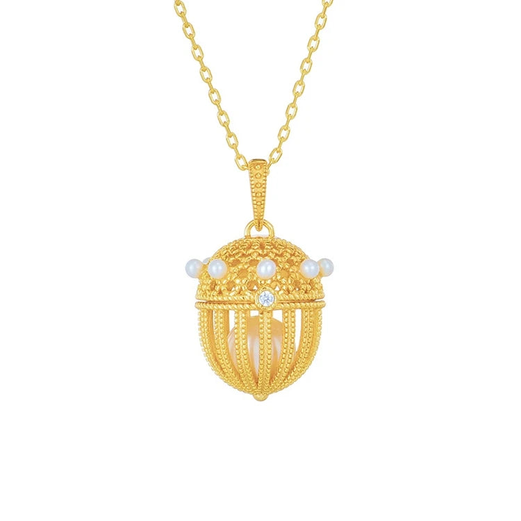 Emotional Factory 925 Sterling Silver 14K Gold Plated Gemstones Cute Acorn Seed Openable Freshwater Pearl Cage Necklace