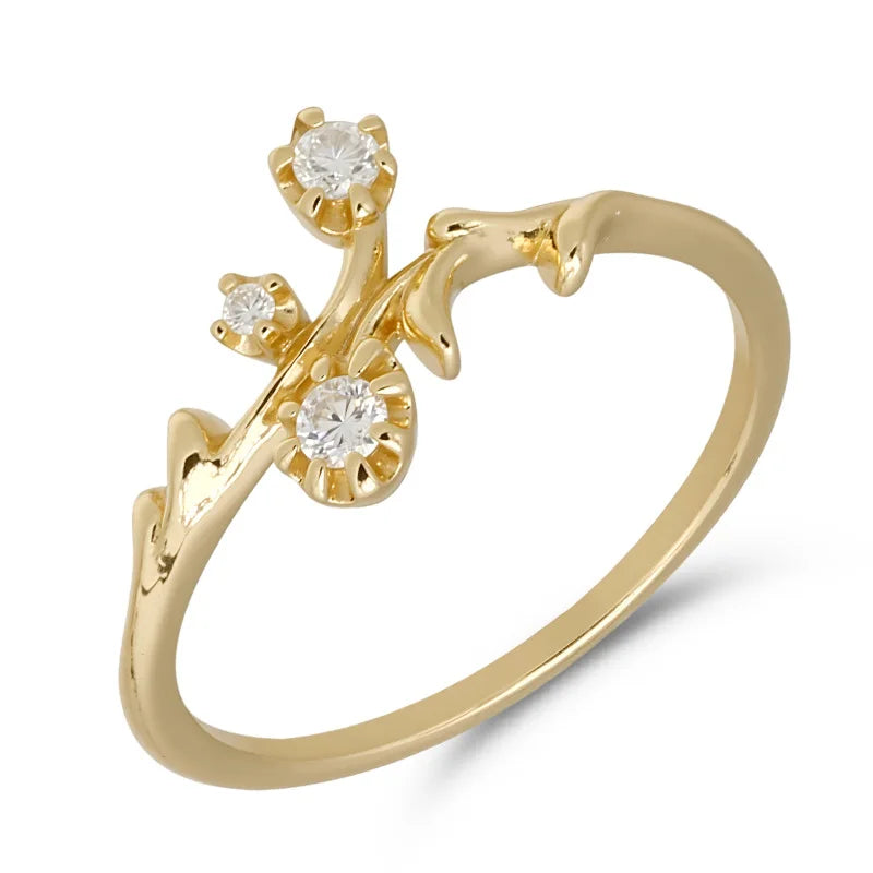 Emotional Factory 925 Sterling Silver 14K Gold Plated Gemstone Flower Branch Elegant Floral Moissanite Ring